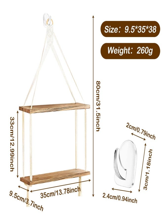 WATUNID Macrame Wall Hanging Shelves Boho Room Decor, 2 Tier Handmade Cotton Rope Rustic Wood Corner Floating Shelves with 2 Hooks, Decorative Hanging Storage Shelf for Living Room, Bathroom, Bedroom - Image 2
